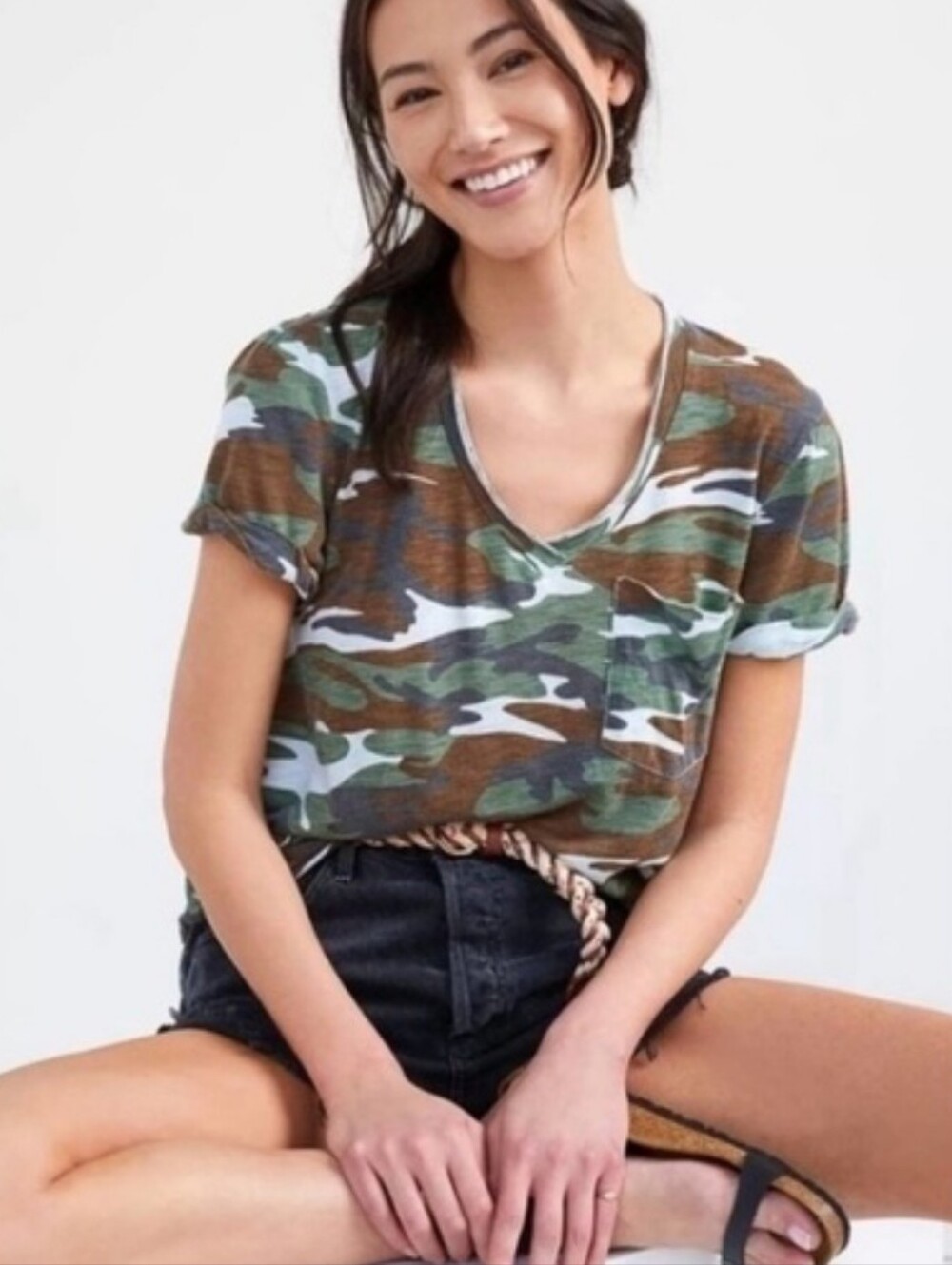 Anthropologie T.La Guacamole Camouflage V-Neck Tee